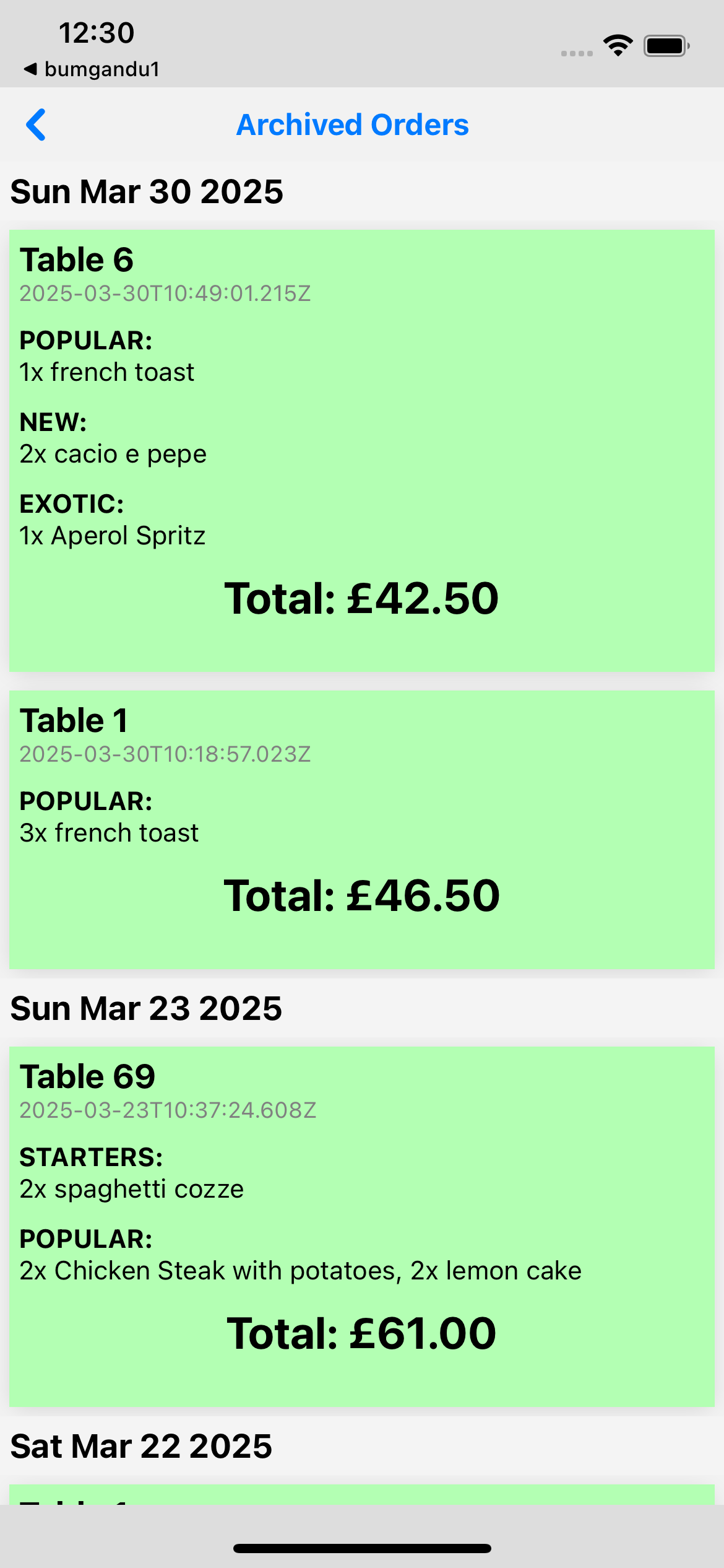 Current iOS archived orders with itemised contents and totals