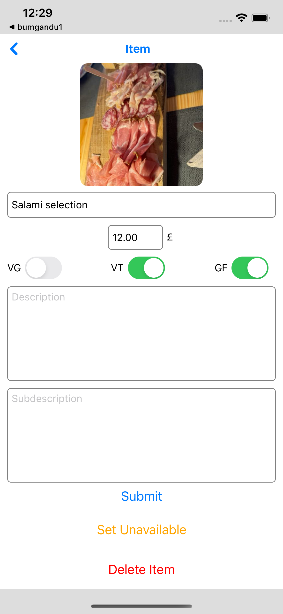 Current iOS dish editor with price, dietary flags, and availability control