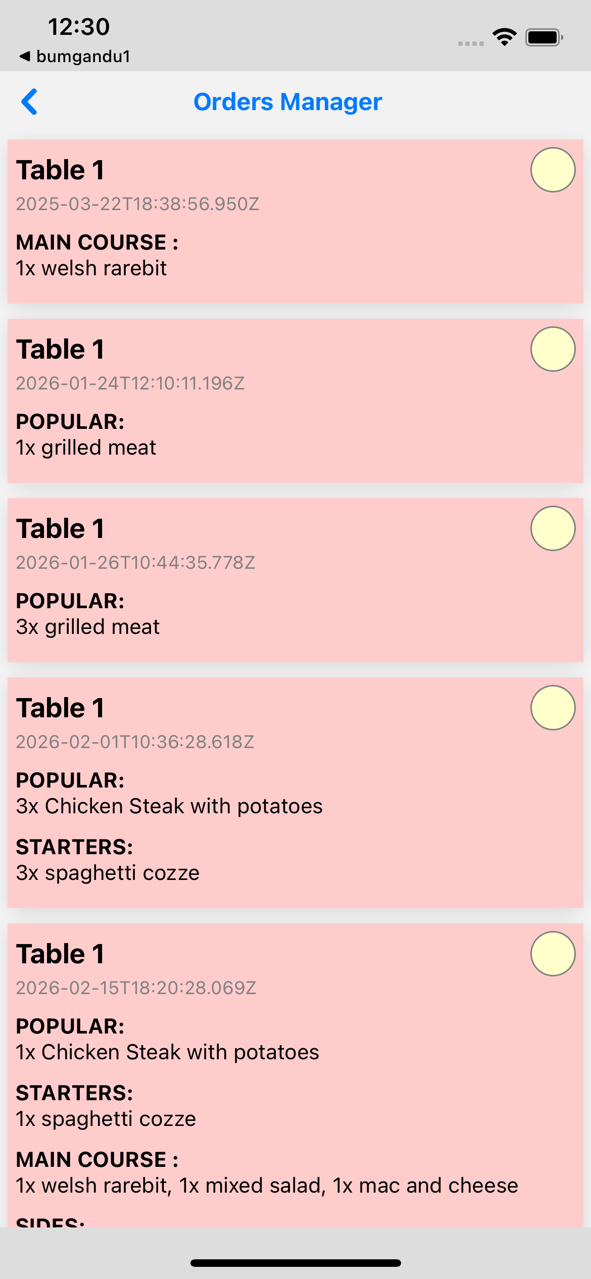 Current iOS kitchen order list with table references and order contents