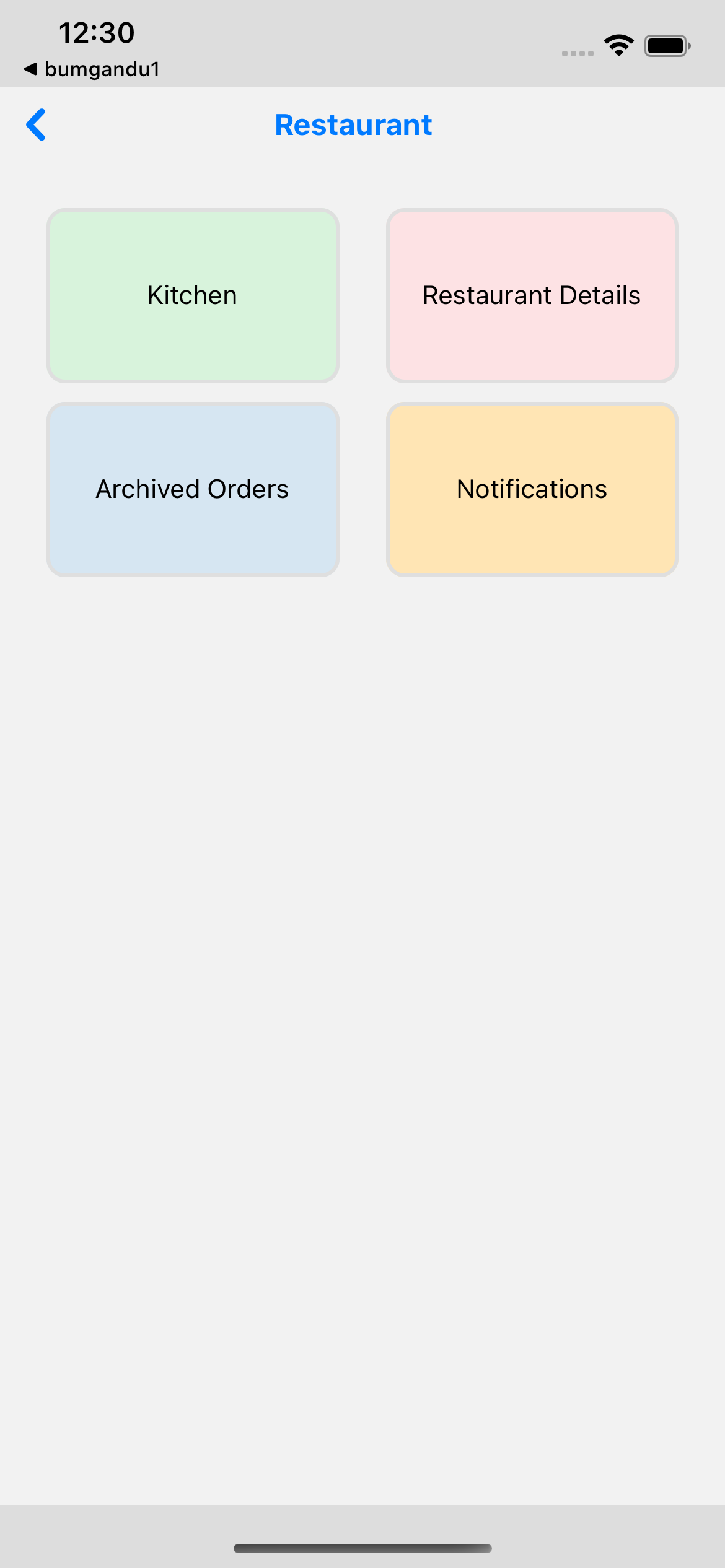 iOS restaurant workspace with kitchen, details, archives, and placeholder notifications tile
