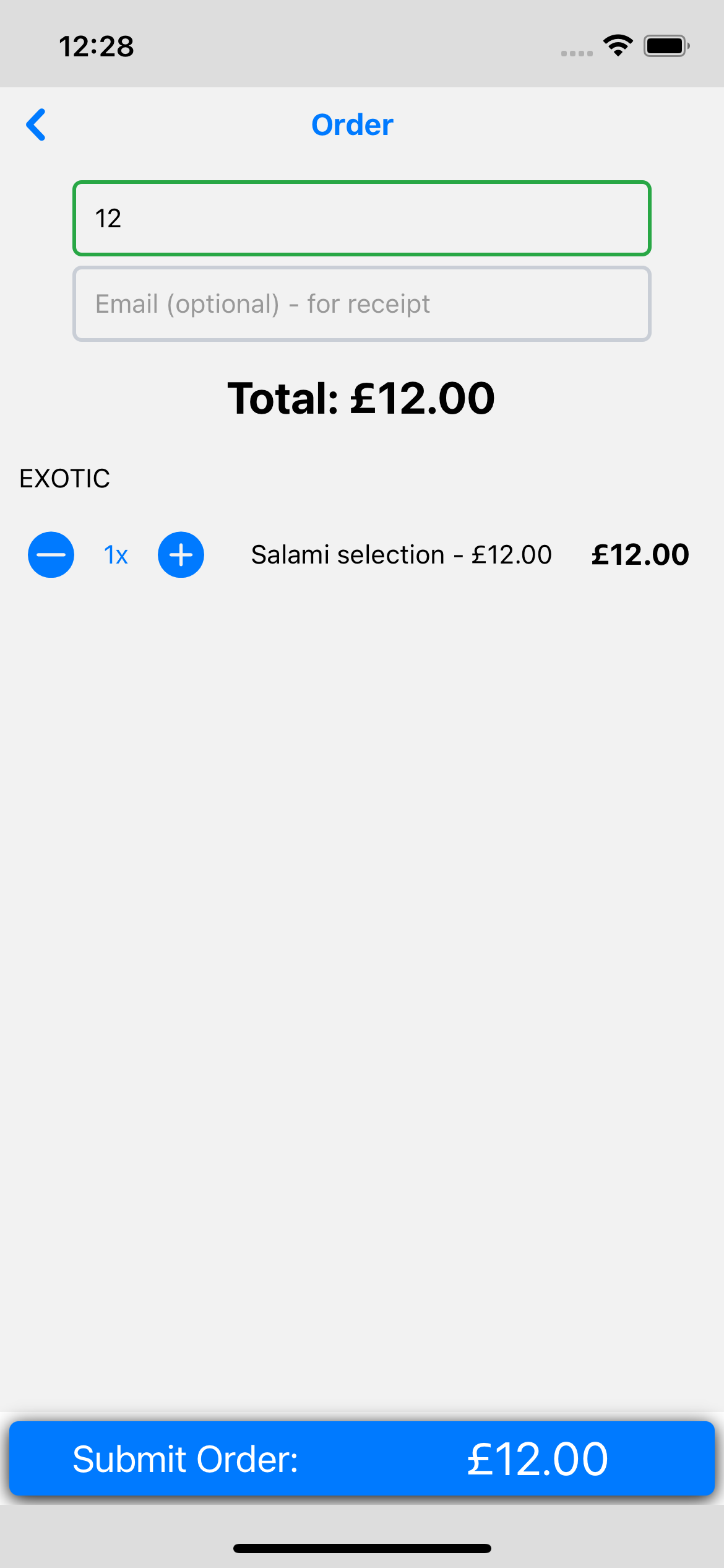 iOS order summary with table number and optional receipt email