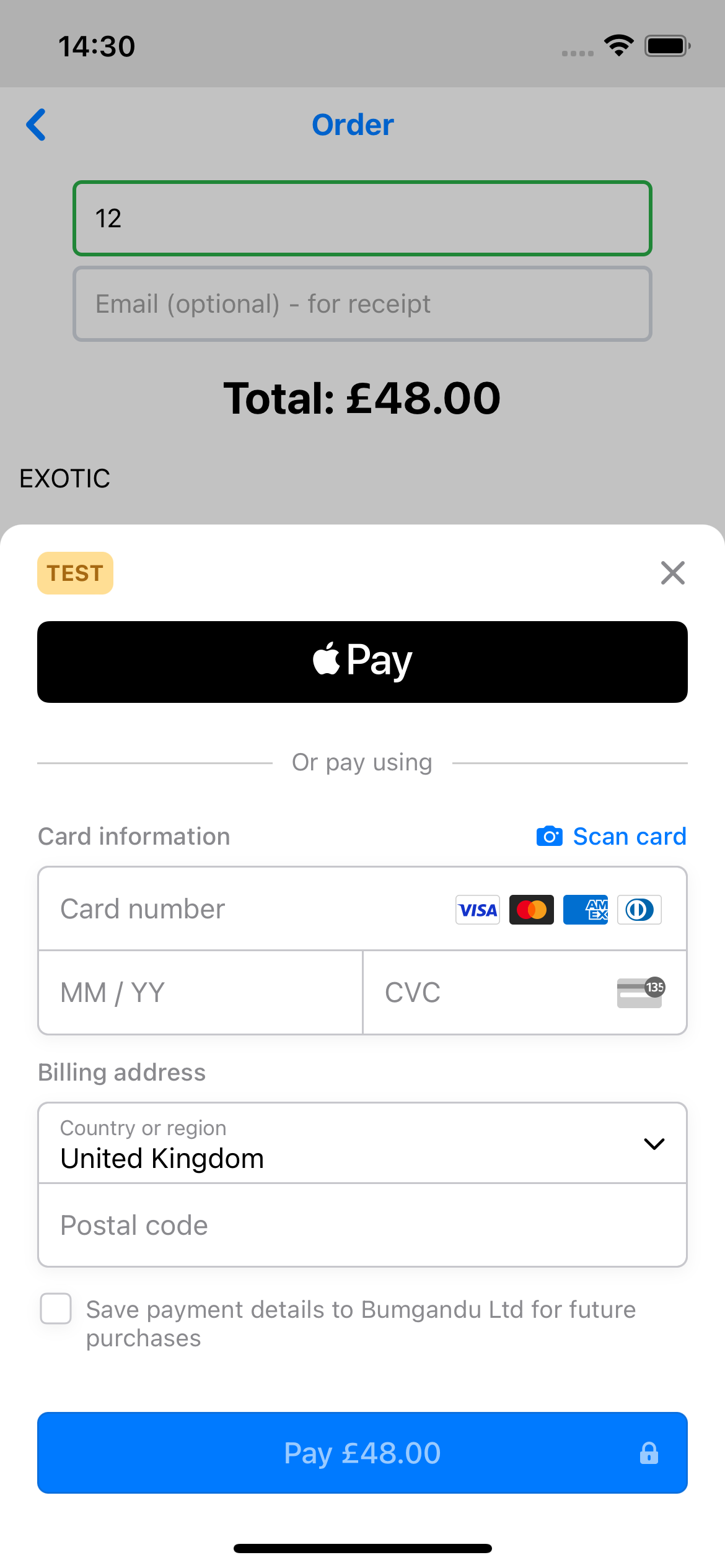 iOS payment modal with Apple Pay and card payment options